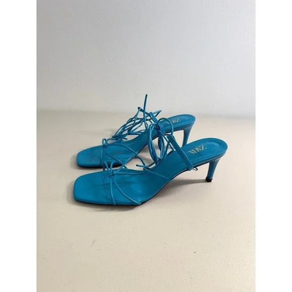 Zara Blue Leather Strappy Lace Up Square Toe Stiletto Heeled Sandals 39 8 - Picture 2 of 9